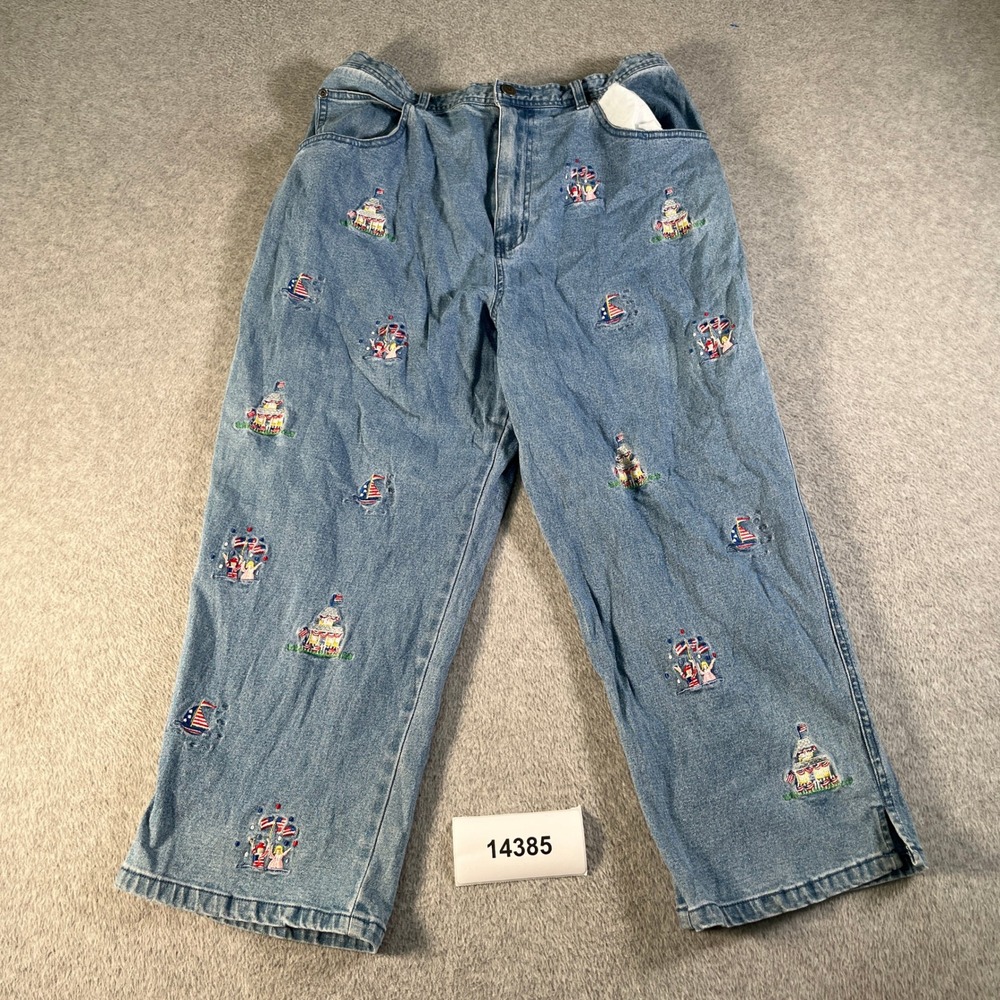 VTG Quacker Factory Straight Leg Jeans Womens L Blue Denim Cotton Embroidered